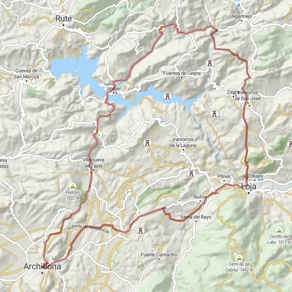 Miniatura della mappa di ispirazione al ciclismo "Giro in bicicletta da Archidona - Route 1" nella regione di Andalucía, Spain. Generata da Tarmacs.app, pianificatore di rotte ciclistiche