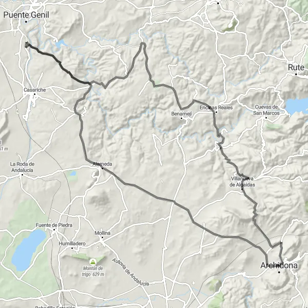 Map miniature of "The Badolatosa Loop" cycling inspiration in Andalucía, Spain. Generated by Tarmacs.app cycling route planner