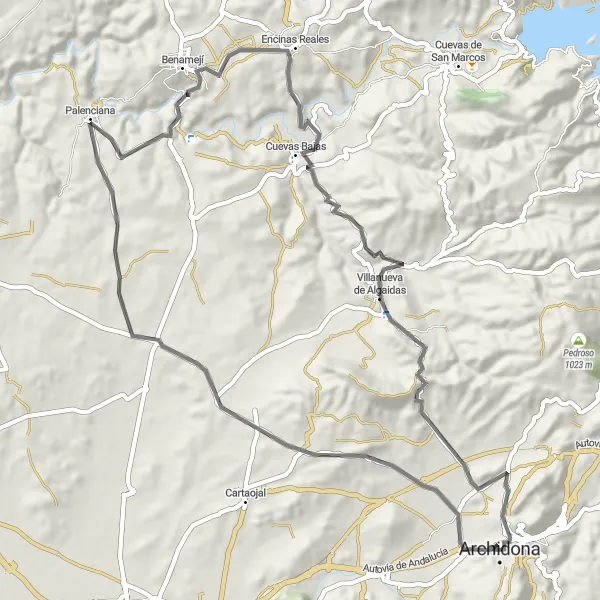 Miniatura della mappa di ispirazione al ciclismo "Giro in bicicletta da Archidona - Route 3" nella regione di Andalucía, Spain. Generata da Tarmacs.app, pianificatore di rotte ciclistiche