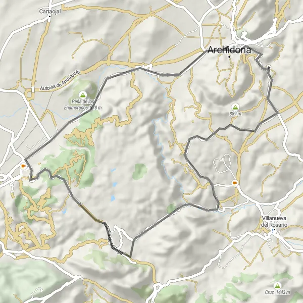Miniature de la carte de l'inspiration cycliste "Route des Enamorados" dans la Andalucía, Spain. Générée par le planificateur d'itinéraire cycliste Tarmacs.app