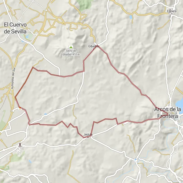 Miniaturní mapa "Gravel Route around Arcos de la Frontera" inspirace pro cyklisty v oblasti Andalucía, Spain. Vytvořeno pomocí plánovače tras Tarmacs.app
