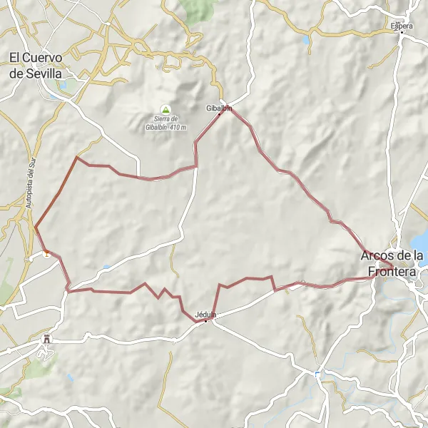 Map miniature of "Gravel Route around Arcos de la Frontera" cycling inspiration in Andalucía, Spain. Generated by Tarmacs.app cycling route planner