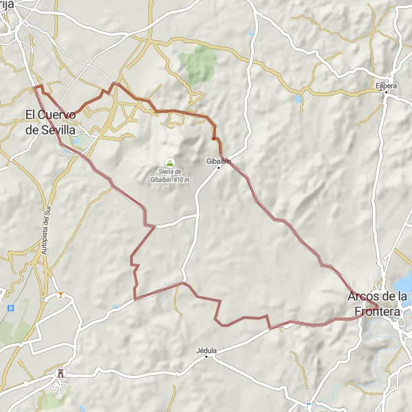 Miniaturní mapa "Gravelový výlet kolem Arcos de la Frontera" inspirace pro cyklisty v oblasti Andalucía, Spain. Vytvořeno pomocí plánovače tras Tarmacs.app