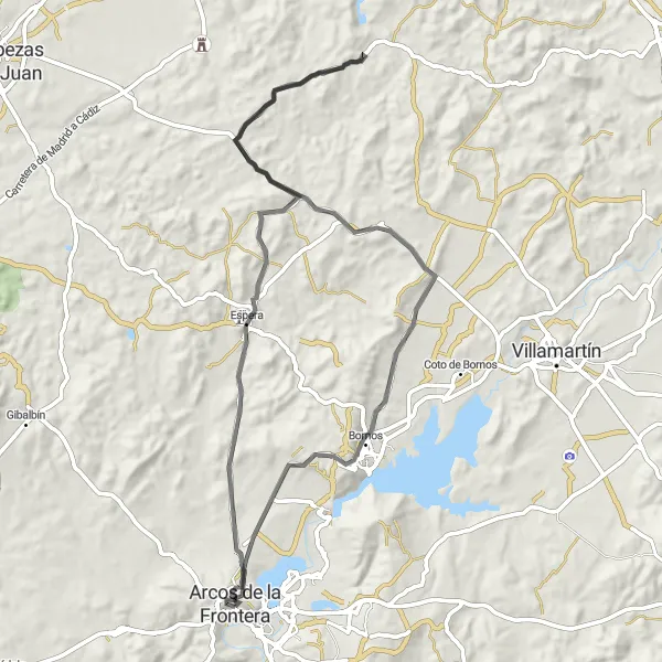 Miniatura della mappa di ispirazione al ciclismo "Giro in bicicletta attraverso Espera" nella regione di Andalucía, Spain. Generata da Tarmacs.app, pianificatore di rotte ciclistiche