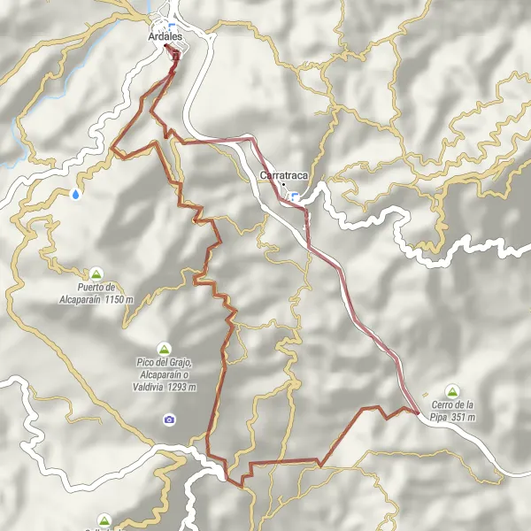 Miniatura della mappa di ispirazione al ciclismo "Giro in bicicletta verso Cerro de la Pipa" nella regione di Andalucía, Spain. Generata da Tarmacs.app, pianificatore di rotte ciclistiche