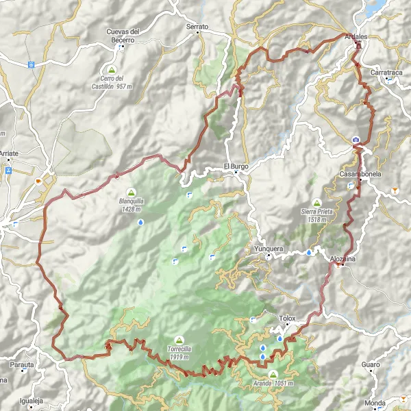 Miniatura della mappa di ispirazione al ciclismo "Giro in Gravel attraverso Casarabonela e Juan Pérez" nella regione di Andalucía, Spain. Generata da Tarmacs.app, pianificatore di rotte ciclistiche