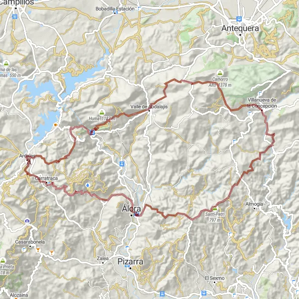 Miniatura della mappa di ispirazione al ciclismo "Giro in Gravel tra El Chorro e Castillo de la Peña" nella regione di Andalucía, Spain. Generata da Tarmacs.app, pianificatore di rotte ciclistiche