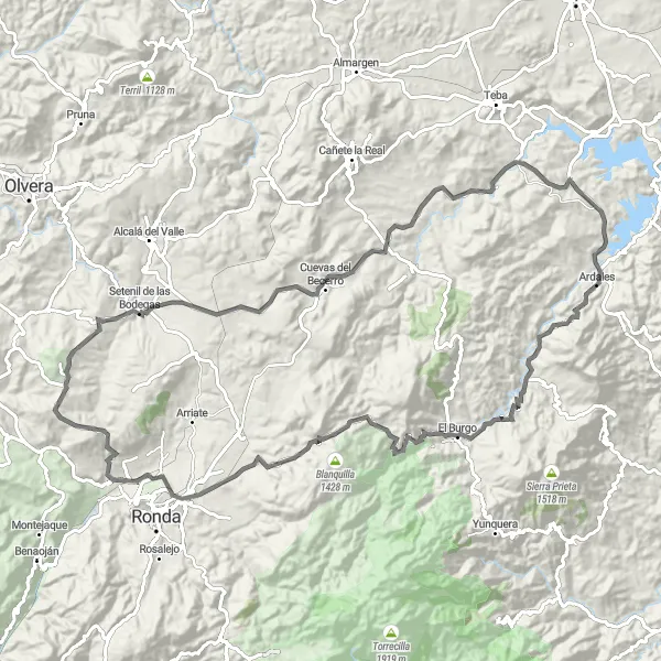 Miniatura della mappa di ispirazione al ciclismo "Tour su Strada tra El Burgo e Cuevas del Becerro" nella regione di Andalucía, Spain. Generata da Tarmacs.app, pianificatore di rotte ciclistiche