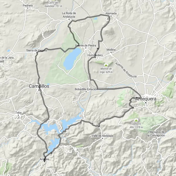 Miniatura della mappa di ispirazione al ciclismo "Tour in bicicletta attraverso Sierra de Yeguas e Humilladero" nella regione di Andalucía, Spain. Generata da Tarmacs.app, pianificatore di rotte ciclistiche