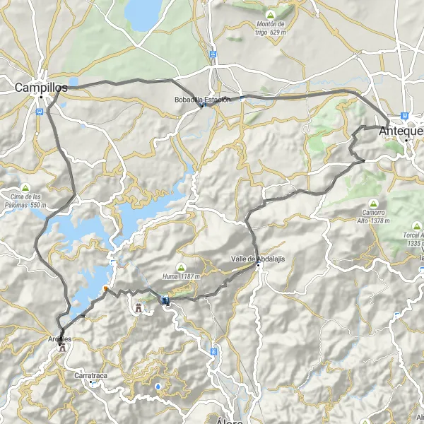 Map miniature of "Scenic Ride to Observatorio de buitres Peñarrubia" cycling inspiration in Andalucía, Spain. Generated by Tarmacs.app cycling route planner