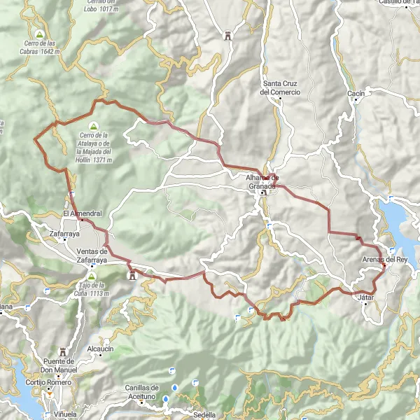 Miniatura della mappa di ispirazione al ciclismo "Esplorazione in bicicletta intorno ad Arenas del Rey" nella regione di Andalucía, Spain. Generata da Tarmacs.app, pianificatore di rotte ciclistiche