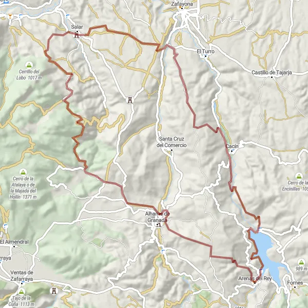 Miniatura della mappa di ispirazione al ciclismo "Avventura Gravel tra Alhama de Granada e Arenas del Rey" nella regione di Andalucía, Spain. Generata da Tarmacs.app, pianificatore di rotte ciclistiche