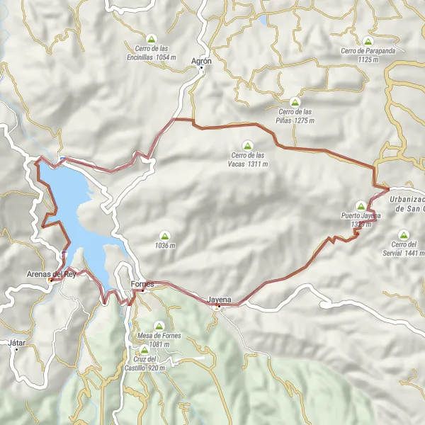 Miniatura mapy "Trasa z Arenas del Rey do Jayena przez Pantano de los Bermejales i Cerro del Aire" - trasy rowerowej w Andalucía, Spain. Wygenerowane przez planer tras rowerowych Tarmacs.app