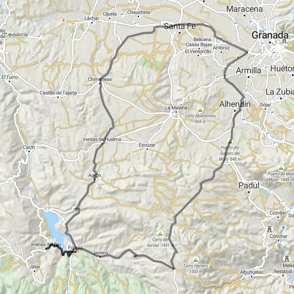 Miniatuurkaart van de fietsinspiratie "Fietsen door de valleien van Andalusië" in Andalucía, Spain. Gemaakt door de Tarmacs.app fietsrouteplanner