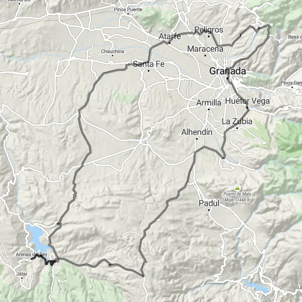 Miniatura della mappa di ispirazione al ciclismo "Avventura in bicicletta lungo la Sierra Nevada" nella regione di Andalucía, Spain. Generata da Tarmacs.app, pianificatore di rotte ciclistiche