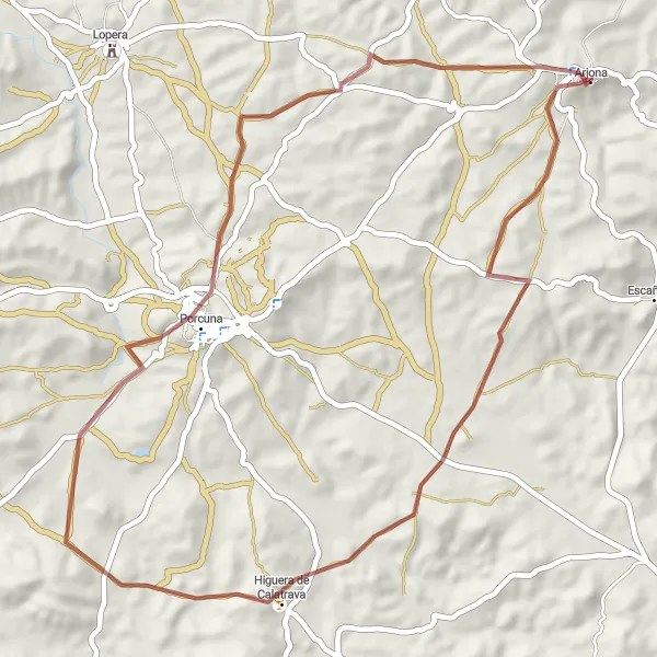 Miniatua del mapa de inspiración ciclista "Ruta de Grava por Higuera de Calatrava" en Andalucía, Spain. Generado por Tarmacs.app planificador de rutas ciclistas