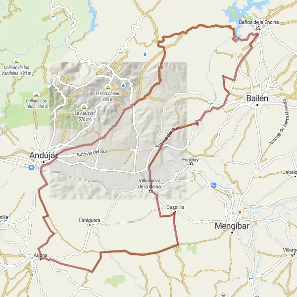 Miniatura della mappa di ispirazione al ciclismo "Avventuroso tour in gravel da Arjona" nella regione di Andalucía, Spain. Generata da Tarmacs.app, pianificatore di rotte ciclistiche