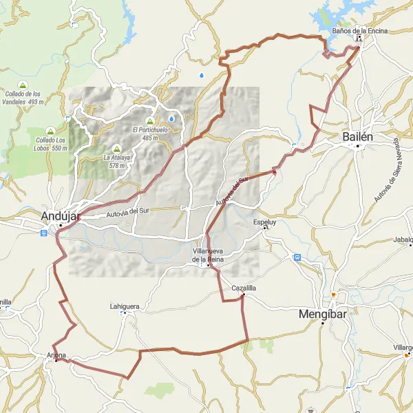 Miniatuurkaart van de fietsinspiratie "Bergachtige Gravelroute rond Arjona" in Andalucía, Spain. Gemaakt door de Tarmacs.app fietsrouteplanner