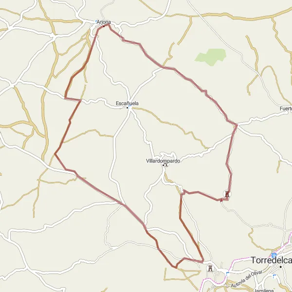 Miniatura della mappa di ispirazione al ciclismo "Percorso in bicicletta su sterrato da Arjona a El Castil" nella regione di Andalucía, Spain. Generata da Tarmacs.app, pianificatore di rotte ciclistiche