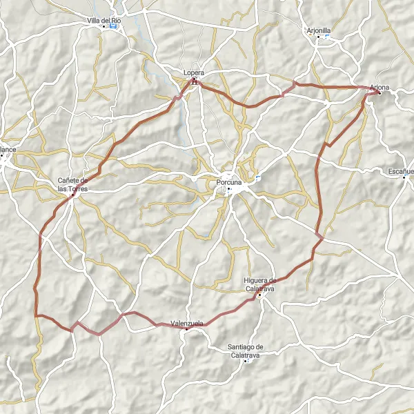 Miniatura della mappa di ispirazione al ciclismo "Avventurosa rotta ciclistica da Arjona a Castillo de Lopera" nella regione di Andalucía, Spain. Generata da Tarmacs.app, pianificatore di rotte ciclistiche