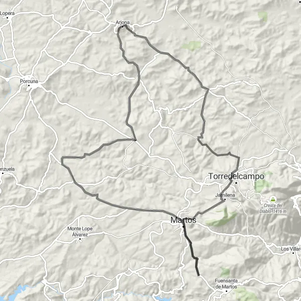 Map miniature of "Arjona and Surroundings" cycling inspiration in Andalucía, Spain. Generated by Tarmacs.app cycling route planner