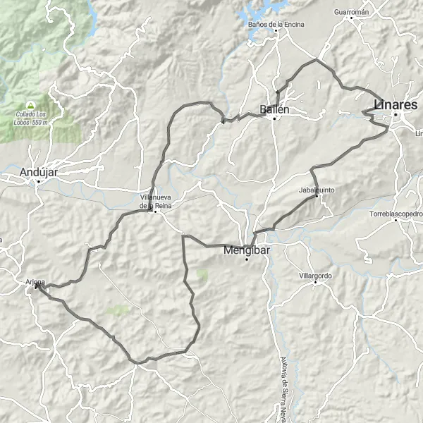 Miniatua del mapa de inspiración ciclista "Ruta de ciclismo de carretera Arjona - Lahiguera - Bailén - Jabalquinto - Cazalilla - Fuerte del Rey - Arjona" en Andalucía, Spain. Generado por Tarmacs.app planificador de rutas ciclistas