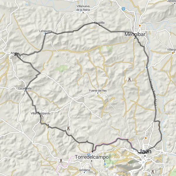 Miniatura della mappa di ispirazione al ciclismo "Giro ciclistico ad anello da Arjona" nella regione di Andalucía, Spain. Generata da Tarmacs.app, pianificatore di rotte ciclistiche