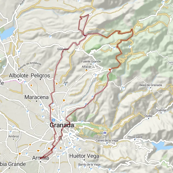 Miniatua del mapa de inspiración ciclista "Ruta de gravilla por Santa Juliana y Cogollos de la Vega en bicicleta" en Andalucía, Spain. Generado por Tarmacs.app planificador de rutas ciclistas