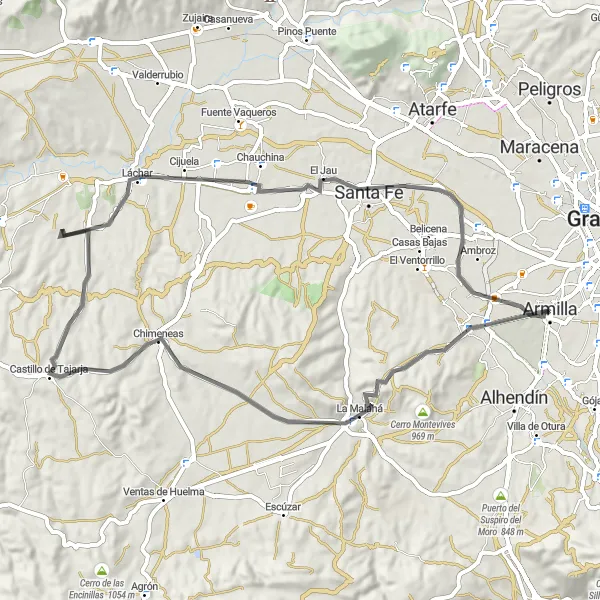 Miniatuurkaart van de fietsinspiratie "Roadtrip van 65 km van Armilla naar Chimeneas via La Malahá, Láchar en Cúllar Vega" in Andalucía, Spain. Gemaakt door de Tarmacs.app fietsrouteplanner