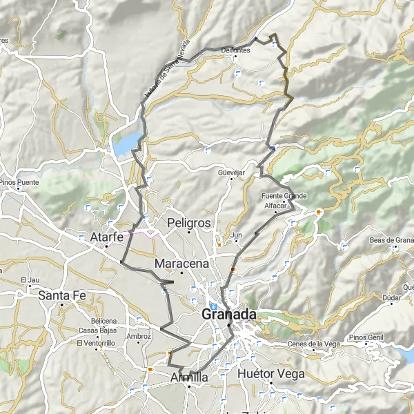 Miniatua del mapa de inspiración ciclista "Ruta a Deifontes y Cogollos de la Vega" en Andalucía, Spain. Generado por Tarmacs.app planificador de rutas ciclistas