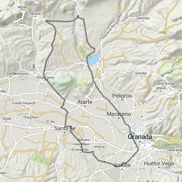 Miniatura della mappa di ispirazione al ciclismo "Tour panoramico verso Santa Juliana" nella regione di Andalucía, Spain. Generata da Tarmacs.app, pianificatore di rotte ciclistiche