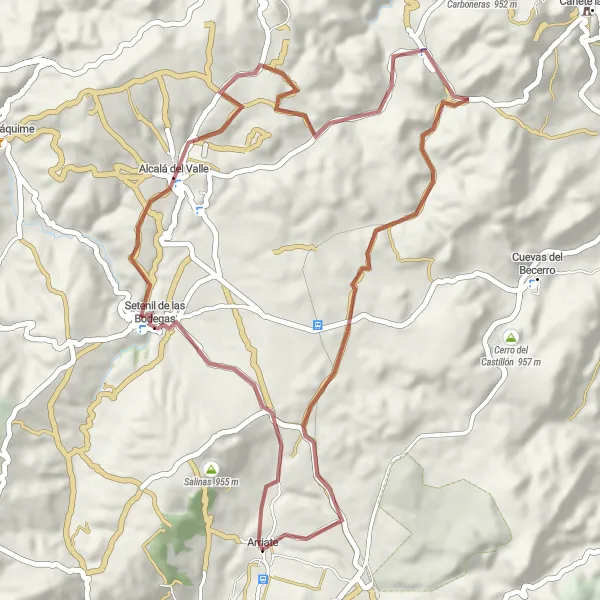 Miniature de la carte de l'inspiration cycliste "Boucle Gravel autour d'Arriate" dans la Andalucía, Spain. Générée par le planificateur d'itinéraire cycliste Tarmacs.app