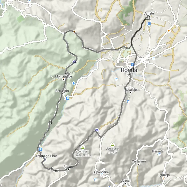 Map miniature of "Road Cycling Adventure Across Ronda" cycling inspiration in Andalucía, Spain. Generated by Tarmacs.app cycling route planner