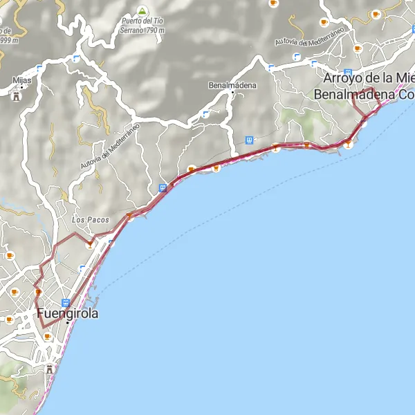 Miniaturní mapa "Okružní jízda kolem Arroyo de la Miel a Castillo Bil-Bil" inspirace pro cyklisty v oblasti Andalucía, Spain. Vytvořeno pomocí plánovače tras Tarmacs.app