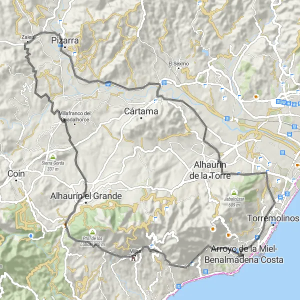 Map miniature of "Mijas & Alhaurín Exploration" cycling inspiration in Andalucía, Spain. Generated by Tarmacs.app cycling route planner
