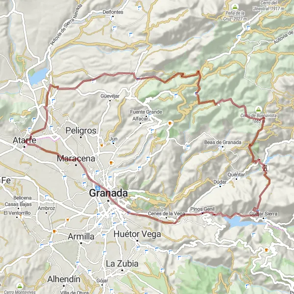 Map miniature of "The Gravel Adventure in Atarfe" cycling inspiration in Andalucía, Spain. Generated by Tarmacs.app cycling route planner