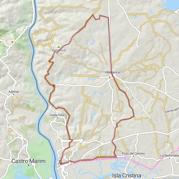 Map miniature of "Ayamonte to Villablanca Gravel Route" cycling inspiration in Andalucía, Spain. Generated by Tarmacs.app cycling route planner