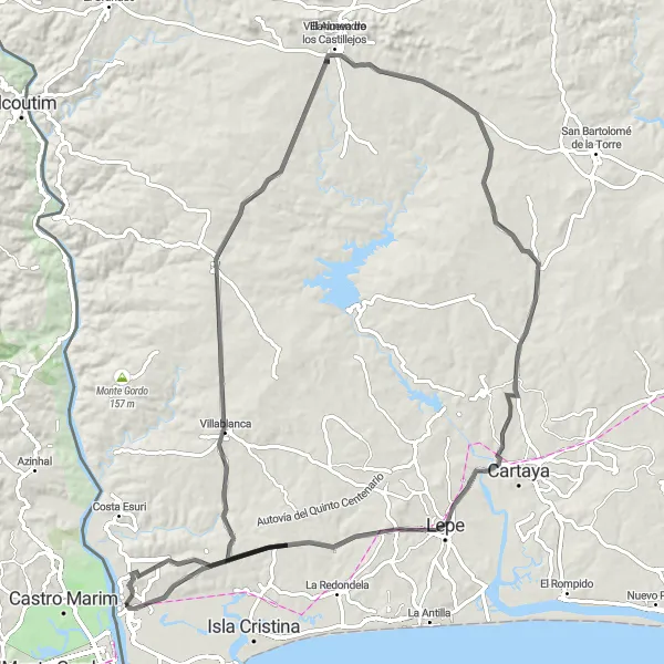 Map miniature of "Ayamonte to Lepe via Villablanca and Villanueva de los Castillejos" cycling inspiration in Andalucía, Spain. Generated by Tarmacs.app cycling route planner