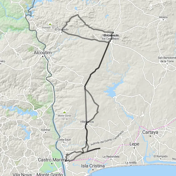 Miniatua del mapa de inspiración ciclista "Ruta de Carretera Ayamonte - Mirador del Guadiana" en Andalucía, Spain. Generado por Tarmacs.app planificador de rutas ciclistas