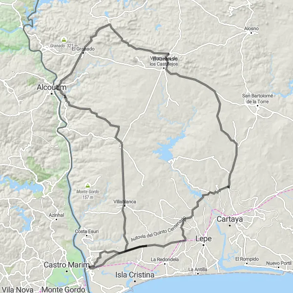 Map miniature of "Ayamonte to Mirador del Guadiana Epic Road Route" cycling inspiration in Andalucía, Spain. Generated by Tarmacs.app cycling route planner