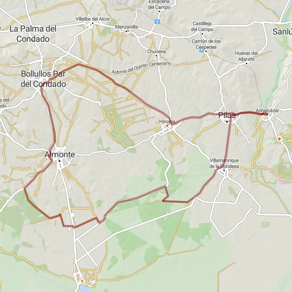 Miniatuurkaart van de fietsinspiratie "Fietstocht door Villamanrique de la Condesa, Bollullos Par del Condado en Pilas" in Andalucía, Spain. Gemaakt door de Tarmacs.app fietsrouteplanner