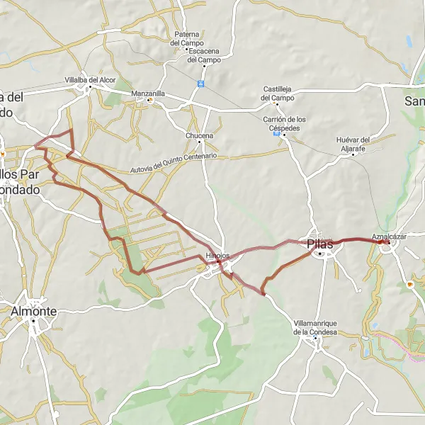 Karten-Miniaturansicht der Radinspiration "Rundfahrt von Aznalcázar nach Pilas und Hinojos" in Andalucía, Spain. Erstellt vom Tarmacs.app-Routenplaner für Radtouren