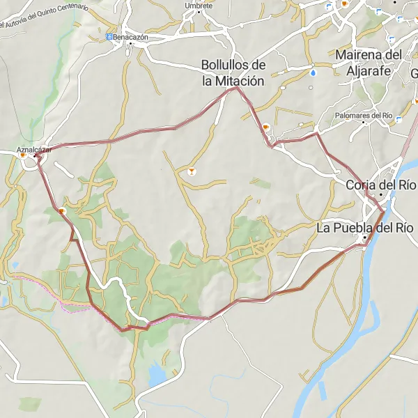 Karten-Miniaturansicht der Radinspiration "Rennweg nach Bollullos de la Mitación, Coria del Río und Cañada de los Pajaros" in Andalucía, Spain. Erstellt vom Tarmacs.app-Routenplaner für Radtouren
