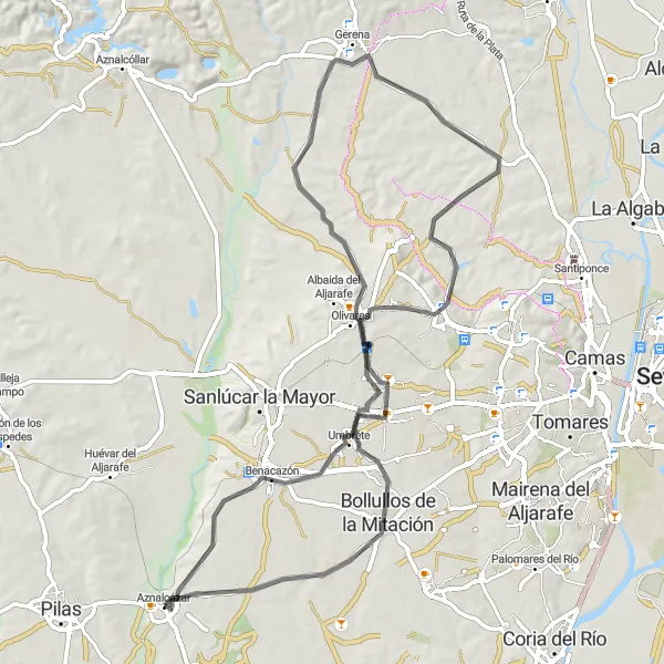 Map miniature of "Benacazón to Salteras Road Route" cycling inspiration in Andalucía, Spain. Generated by Tarmacs.app cycling route planner