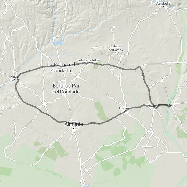 Miniatura mapy "Trasa Aznalcázar - Pilas - Hinojos - Almonte - Niebla - La Palma del Condado - Castilleja del Campo - Aznalcázar" - trasy rowerowej w Andalucía, Spain. Wygenerowane przez planer tras rowerowych Tarmacs.app
