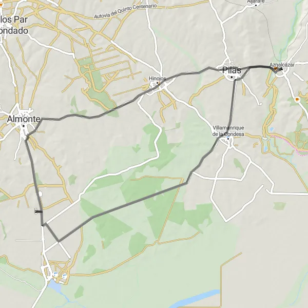 Karten-Miniaturansicht der Radinspiration "Die Aznalcázar Rundtour" in Andalucía, Spain. Erstellt vom Tarmacs.app-Routenplaner für Radtouren