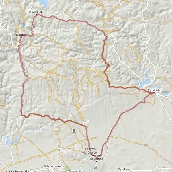 Miniatura mapy "Ekstremalna trasa Aznalcóllar - Escacena del Campo - Berrocal - El Madroño" - trasy rowerowej w Andalucía, Spain. Wygenerowane przez planer tras rowerowych Tarmacs.app
