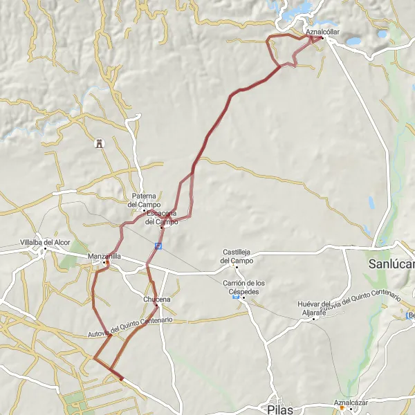 Map miniature of "Exploring Gravel Routes near Aznalcóllar" cycling inspiration in Andalucía, Spain. Generated by Tarmacs.app cycling route planner