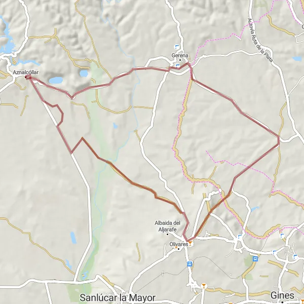 Map miniature of "Azulejos and Olivares Gravel Loop" cycling inspiration in Andalucía, Spain. Generated by Tarmacs.app cycling route planner