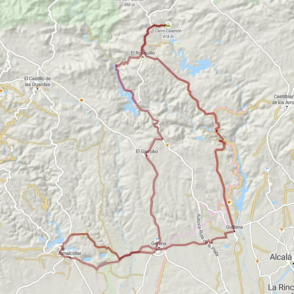 Miniature de la carte de l'inspiration cycliste "Les collines de l'Andalousie: Aventure en gravier depuis Aznalcóllar" dans la Andalucía, Spain. Générée par le planificateur d'itinéraire cycliste Tarmacs.app